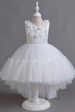 Pink Sleeveless Round Neck Tulle Flower Girl Dress with Appliques