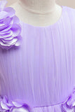 Purple Sleeveless Long Tulle Flower Girl Dress with 3D Flower