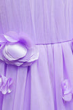 Purple Sleeveless Long Tulle Flower Girl Dress with 3D Flower