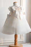 White Round Neck Tulle Flower Girl Dress with Bowknot