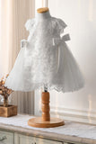 White Round Neck Tulle Flower Girl Dress with Bowknot