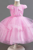 Blush Cap Sleeves Tulle Flower Girl Dress with Butterflies