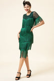Dark Green Round Neck Beaded Gatsby Sequins Party Dress With Fringes