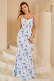 Blue Sheath Spaghetti Straps Long Floral Boho Bridesmaid Dress