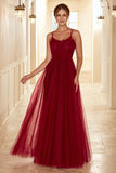 Burgundy A Line Spaghetti Straps Tulle Wedding Party Dress With Lace