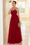 Burgundy A Line Spaghetti Straps Tulle Wedding Party Dress With Lace