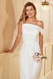 White Sheath Spaghetti Straps Satin Long Floor-Length Wedding Dress With Slit