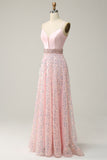 Pink A Line Spaghetti Straps Long Prom Dress with Beading