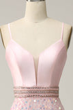 Pink A Line Spaghetti Straps Long Prom Dress with Beading