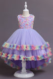 Pink High Low Boat Neck Tulle Flower Girl Dress Wedding Party Dress