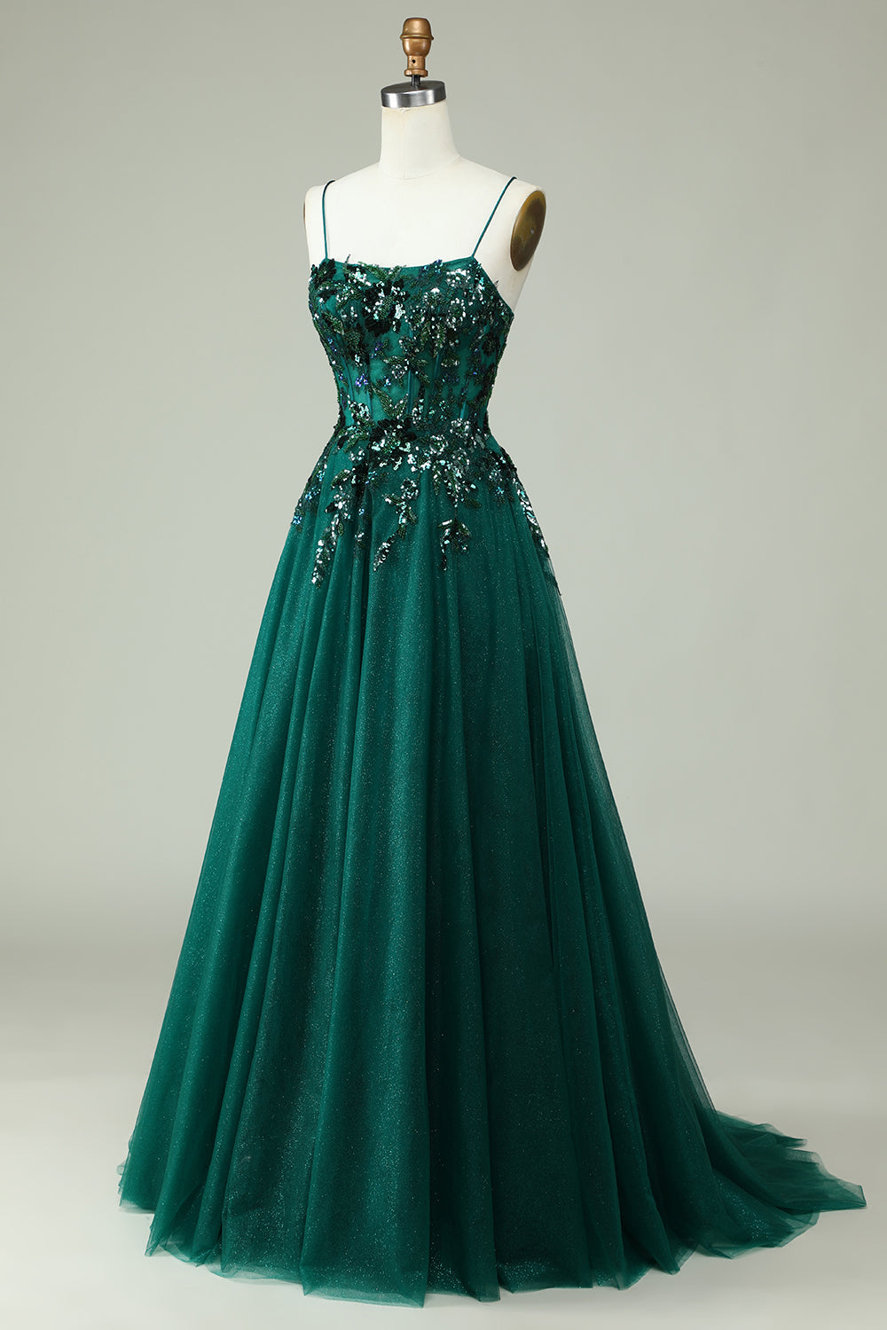 Dark Green A Line Spaghetti Straps Corset Prom Dress with Appliques