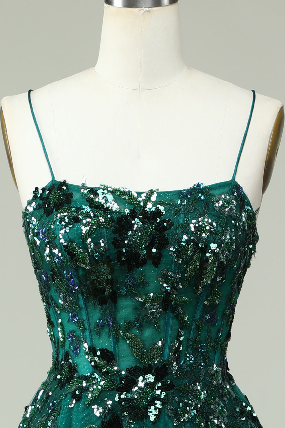 Dark Green A Line Spaghetti Straps Corset Prom Dress with Appliques