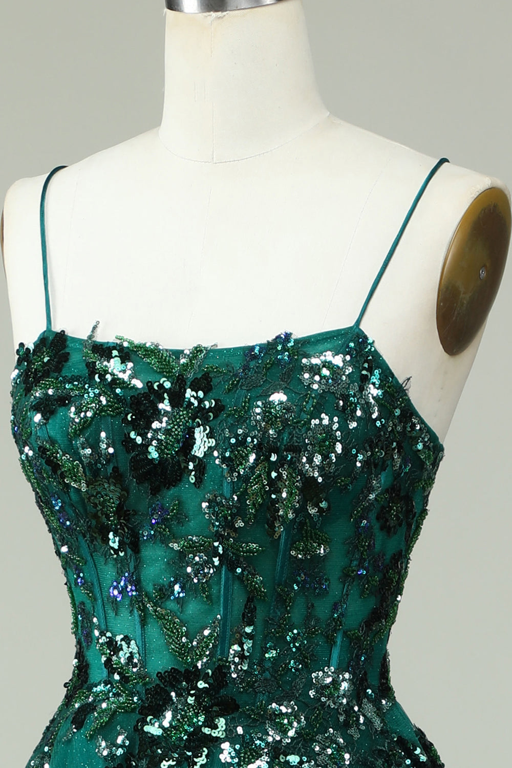 Dark Green A Line Spaghetti Straps Corset Prom Dress with Appliques