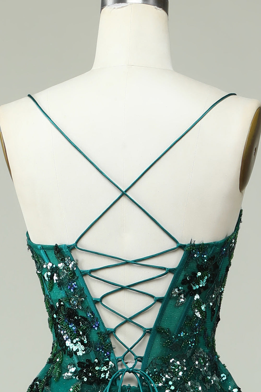Dark Green A Line Spaghetti Straps Corset Prom Dress with Appliques