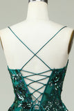 Dark Green A Line Spaghetti Straps Corset Prom Dress with Appliques