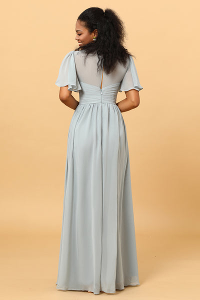 Wedtrend Women Dusty Blue A Line V Neck Floor Length Long Chiffon Bridesmaid Dress with Short Sleeves, Dusty Blue / US20W
