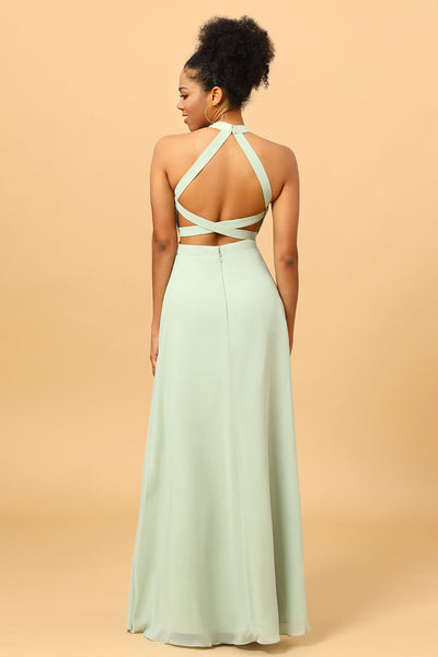 Wedtrend Women Sage Long Chiffon Bridesmaid Dress with Slit Halter Open Back  Wedding Guest Dress – WEDTREND