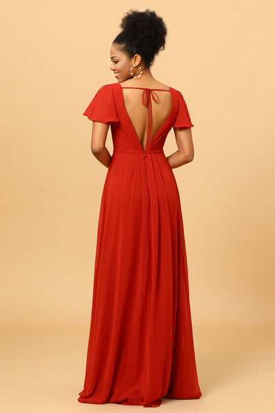Wedtrend Women Rust Red A-Line Ruched Cap Sleeves Long Chiffon Bridesmaid  Dress with Slit – WEDTREND