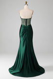 Dark Green Mermaid Strapless Corset Pleated Long Prom Dress With Slit