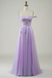 Purple A-Line Off The Shoulder Long Corset Tulle Prom Dress with Lace