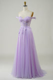 Purple A-Line Off The Shoulder Long Corset Tulle Prom Dress with Lace