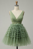 Green A Line Tulle V-Neck Short Prom Dress With Open Back