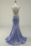 Purple Mermaid Halter Long Lace Prom Dress with Slit
