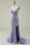 Purple Mermaid Halter Long Lace Prom Dress with Slit