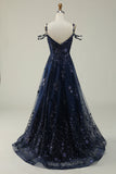 Navy A Line Cold Shoulder Long Prom Dress With Appliques