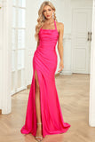 Fuchsia Mermaid Halter Neck Long Prom Dress with Split Front