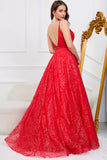 Red A Line Sparkly Spaghetti Straps Sexy Prom Dress