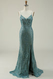 Green Mermaid Spaghetti Straps Long Prom Dress with Split Front