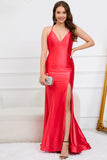 Red Mermaid Deep V-Neck Sleeveless Long Prom Dress with Slit