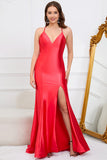 Red Mermaid Deep V-Neck Sleeveless Long Prom Dress with Slit