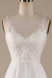 Ivory A Line V-Neck Tulle Sweep Train Wedding Dress with Lace