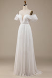 Ivory Simple A Line Off The Shoulder Boho Chiffon Ruched Wedding Dress