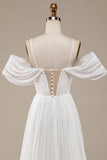 Ivory Simple A Line Off The Shoulder Boho Chiffon Ruched Wedding Dress