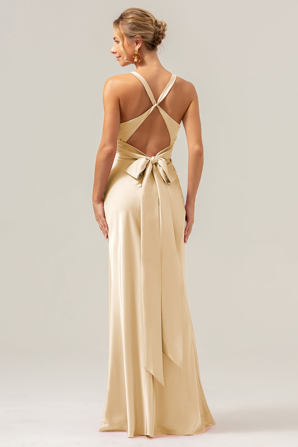 Wedtrend Women Champagne Long Bridesmaid Dress with Lace Up Back Mermaid Deep V Neck Ruched Wedding Guest Dress WEDTREND Wedtrend Women Champagne Long Bridesmaid Dress with Lace Up Back Mermaid Deep V Neck Ruched Wedding Guest Dress WEDTREND