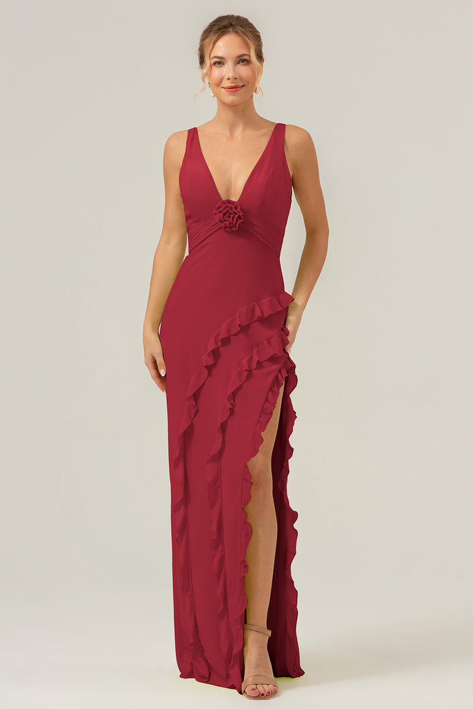Wedtrend Women Burgundy Sheath Bridesmaid Dress with Ruffle Slit V Neck ...