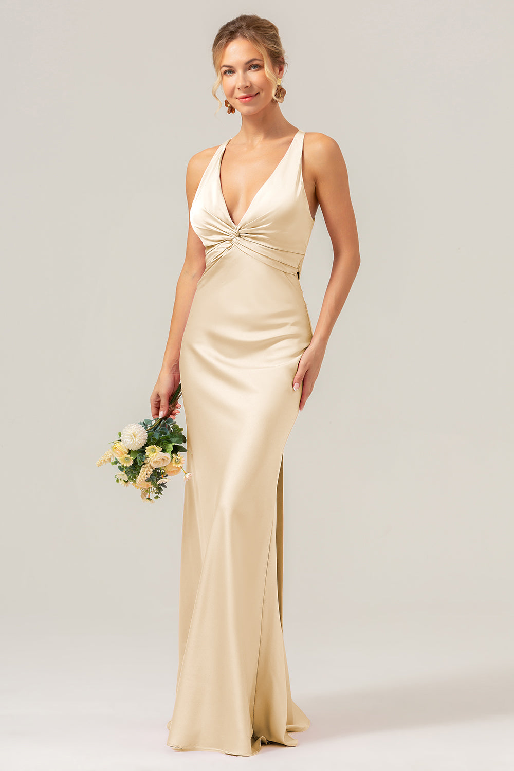 Wedtrend Women Pink Long Bridesmaid Dress with Lace Up Back Mermaid Deep V Neck Ruched Wedding Guest Dress, Champagne / US4 Wedtrend Women Pink Long Bridesmaid Dress with Lace Up Back Mermaid Deep V Neck Ruched Wedding Guest Dress, Champagne / US4