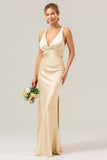 Pink Mermaid Deep V Neck Ruched Long Bridesmaid Dress with Lace Up Back