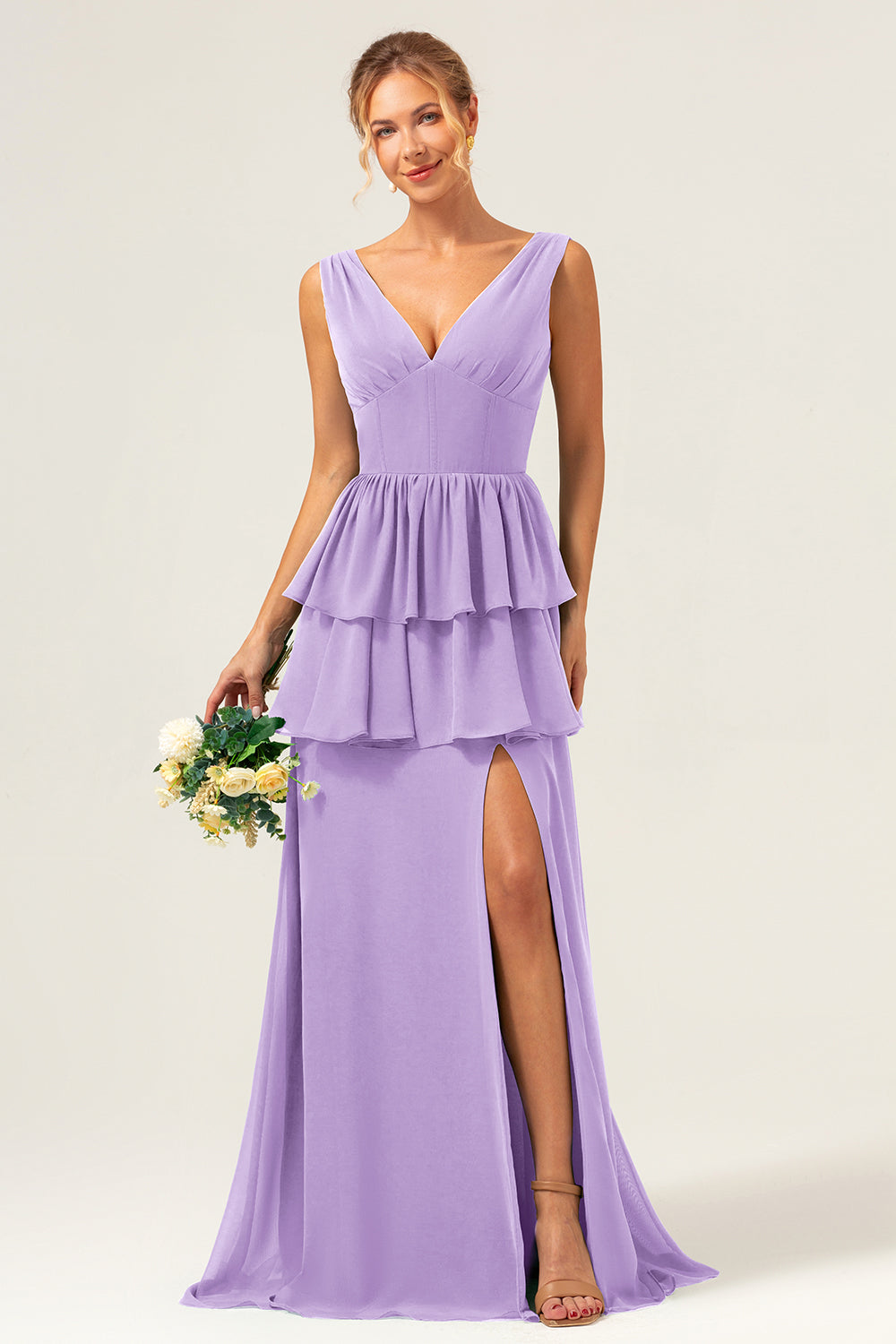 Wedtrend Women Lilac Long Bridesmaid Dress with Slit A Line V Neck Tiered Wedding Guest Dress WEDTREND Wedtrend Women Lilac Long Bridesmaid Dress with Slit A Line V Neck Tiered Wedding Guest Dress WEDTREND