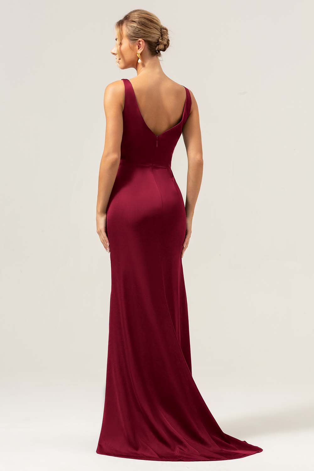 Wedtrend Women Burgundy Bridesmaid Dress with Slit Mermaid V Neck Ruched High-Low Long Satin Wedding G WEDTREND Wedtrend Women Burgundy Bridesmaid Dress with Slit Mermaid V Neck Ruched High-Low Long Satin Wedding G WEDTREND
