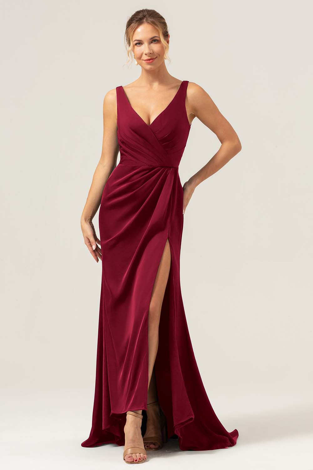 Wedtrend Women Burgundy Bridesmaid Dress with Slit Mermaid V Neck Ruched High-Low Long Satin Wedding G WEDTREND Wedtrend Women Burgundy Bridesmaid Dress with Slit Mermaid V Neck Ruched High-Low Long Satin Wedding G WEDTREND
