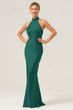 Champagne Sheath Halter Backless Long Satin Bridesmaid Dress with Slit