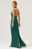 Champagne Sheath Halter Backless Long Satin Bridesmaid Dress with Slit