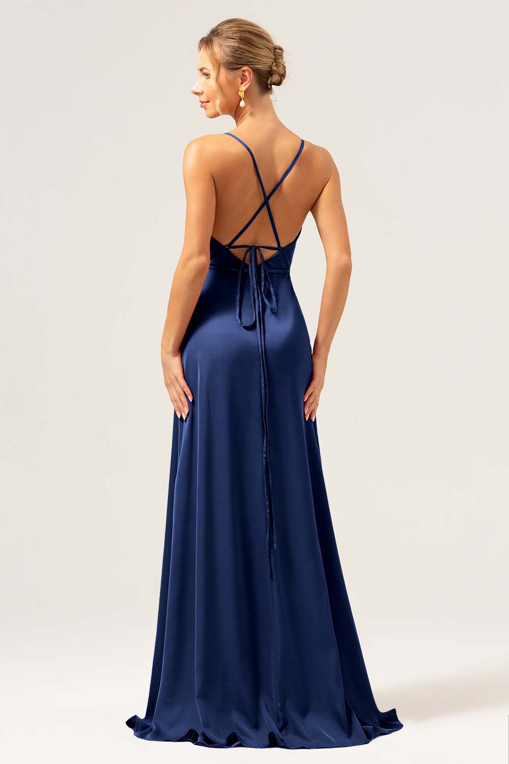 Wedtrend Women Dark Navy Bridesmaid Dress with Slit A Line Cowl Neck Long Satin Wedding Guest Dress WEDTREND Wedtrend Women Dark Navy Bridesmaid Dress with Slit A Line Cowl Neck Long Satin Wedding Guest Dress WEDTREND
