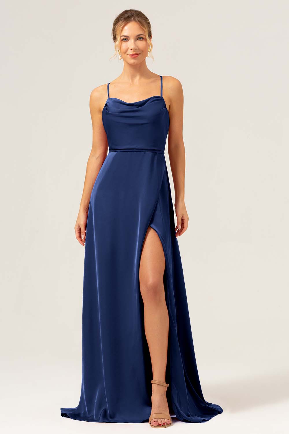 Wedtrend Women Dark Navy Bridesmaid Dress with Slit A Line Cowl Neck Long Satin Wedding Guest Dress WEDTREND Wedtrend Women Dark Navy Bridesmaid Dress with Slit A Line Cowl Neck Long Satin Wedding Guest Dress WEDTREND