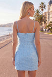 Lilac Bodycon Spaghetti Straps Floral Beaded Homecoming Dress with Bow