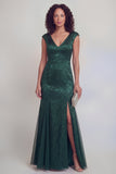 Sage Green Jacquard Mermaid V Neck Maxi Mother of the Bride Dress with Slit